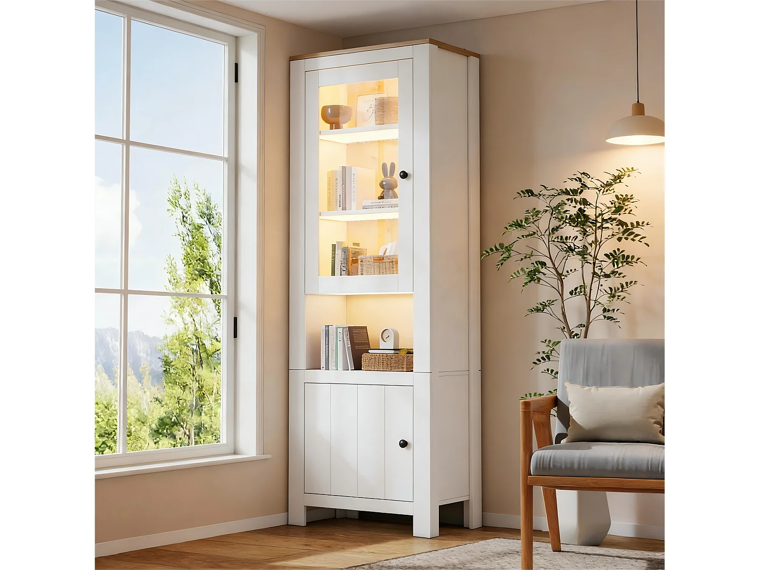 Hohe Vitrine 70x40x188 cm - mit LED-Beleuchtung - 2 Türen und 6 Regale - höhenverstellbare Einlegeböden - Spanplatten - Weiß