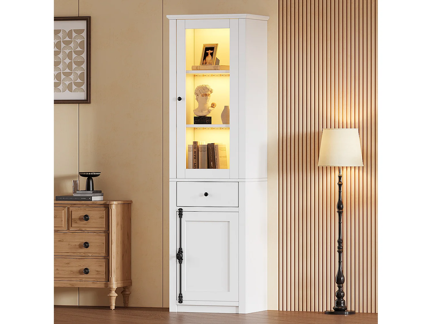 Vitrine 55x40x200cm - Hoher Schrank mit 2 Türen und 1 Schublade - LED-Beleuchtung - Spanplatten und Glas - Weiß