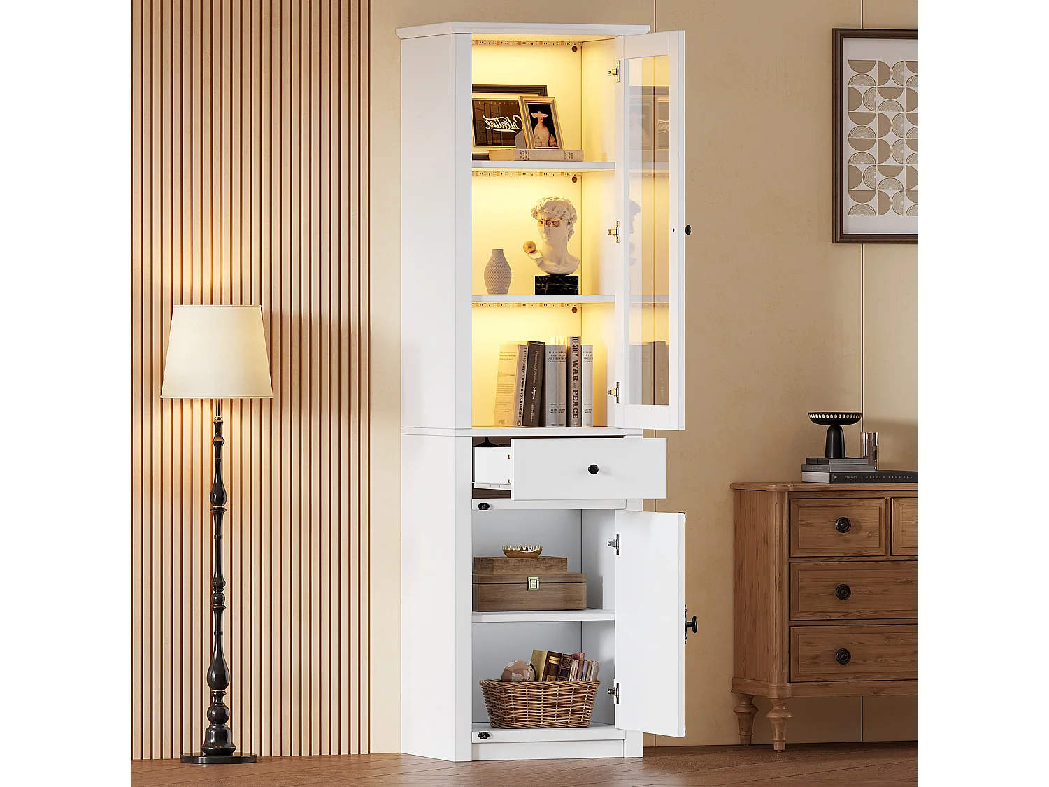 Vitrine 55x40x200cm - Hoher Schrank mit 2 Türen und 1 Schublade - LED-Beleuchtung - Spanplatten und Glas - Weiß
