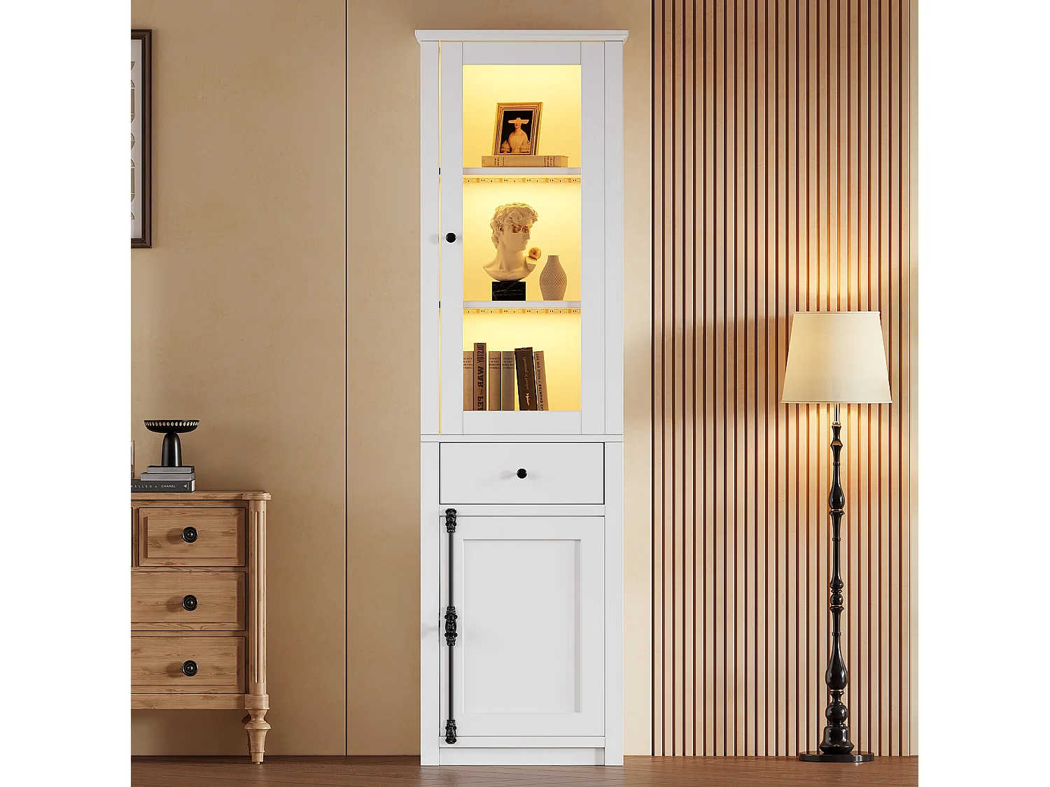 Vitrine 55x40x200cm - Hoher Schrank mit 2 Türen und 1 Schublade - LED-Beleuchtung - Spanplatten und Glas - Weiß