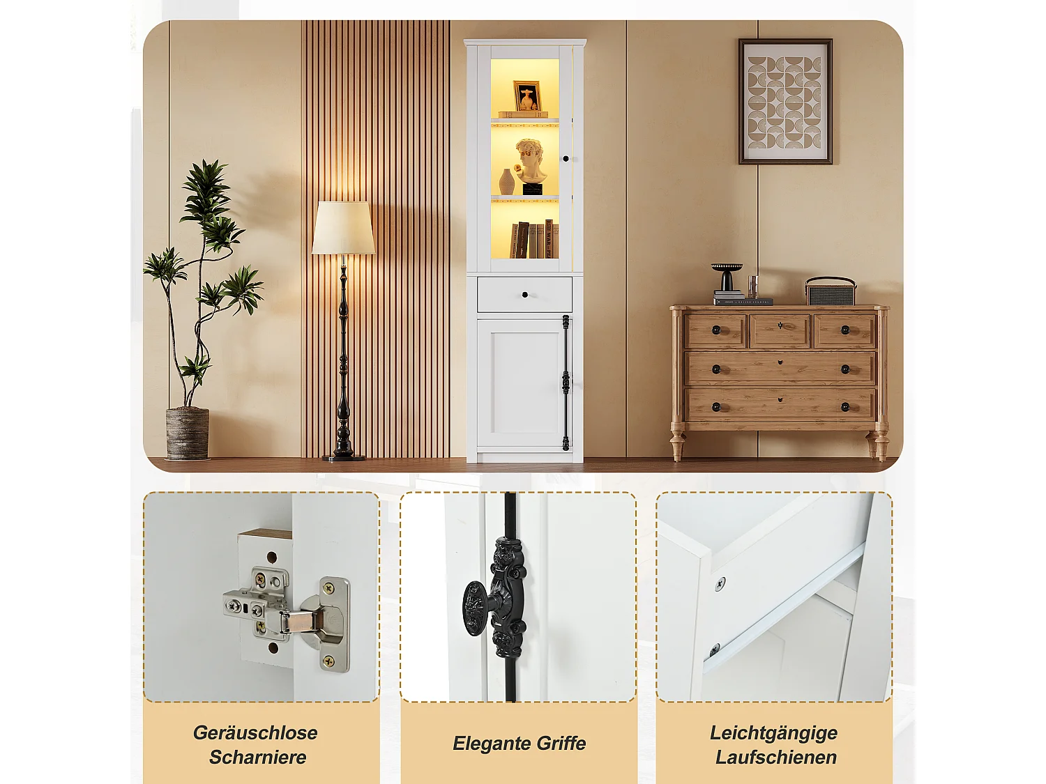 Vitrine 55x40x200cm - Hoher Schrank mit 2 Türen und 1 Schublade - LED-Beleuchtung - Spanplatten und Glas - Weiß