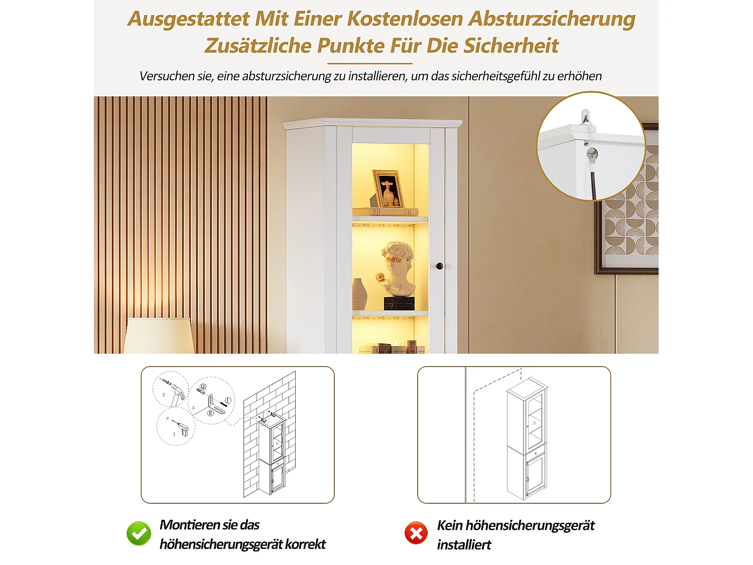 Vitrine 55x40x200cm - Hoher Schrank mit 2 Türen und 1 Schublade - LED-Beleuchtung - Spanplatten und Glas - Weiß