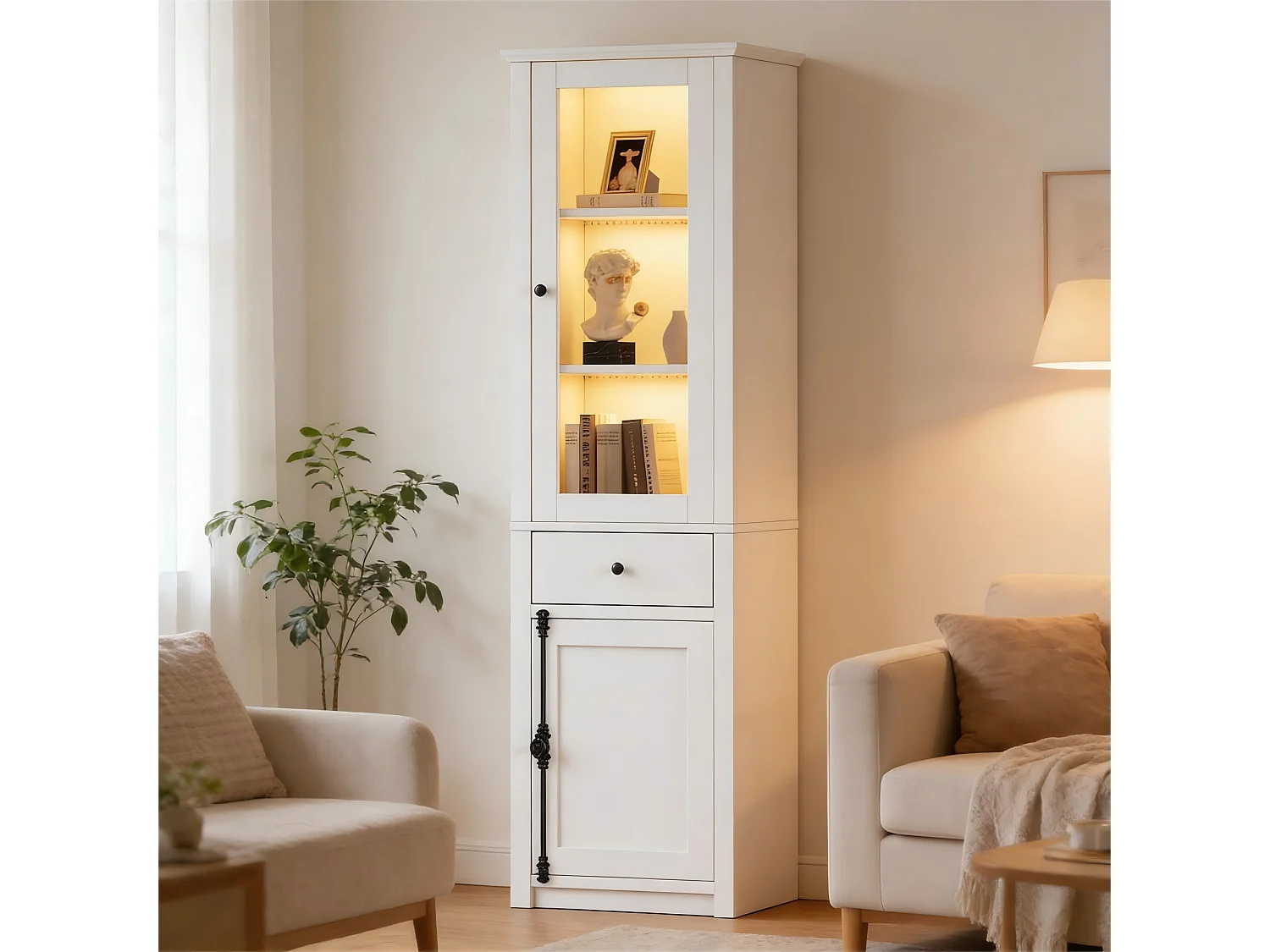 Vitrine 55x40x200cm - Hoher Schrank mit 2 Türen und 1 Schublade - LED-Beleuchtung - Spanplatten und Glas - Weiß