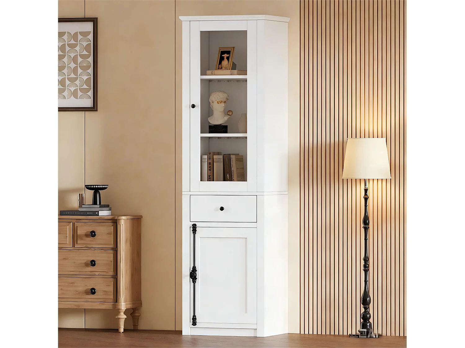 Vitrine 55x40x200cm - Hoher Schrank mit 2 Türen und 1 Schublade - LED-Beleuchtung - Spanplatten und Glas - Weiß