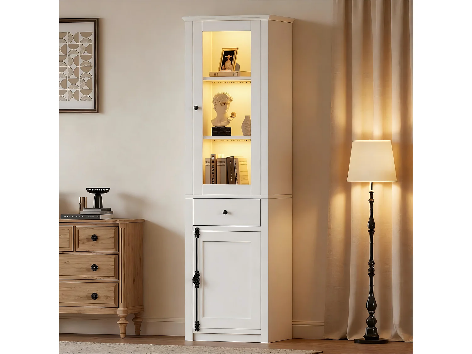 Vitrine 55x40x200cm - Hoher Schrank mit 2 Türen und 1 Schublade - LED-Beleuchtung - Spanplatten und Glas - Weiß