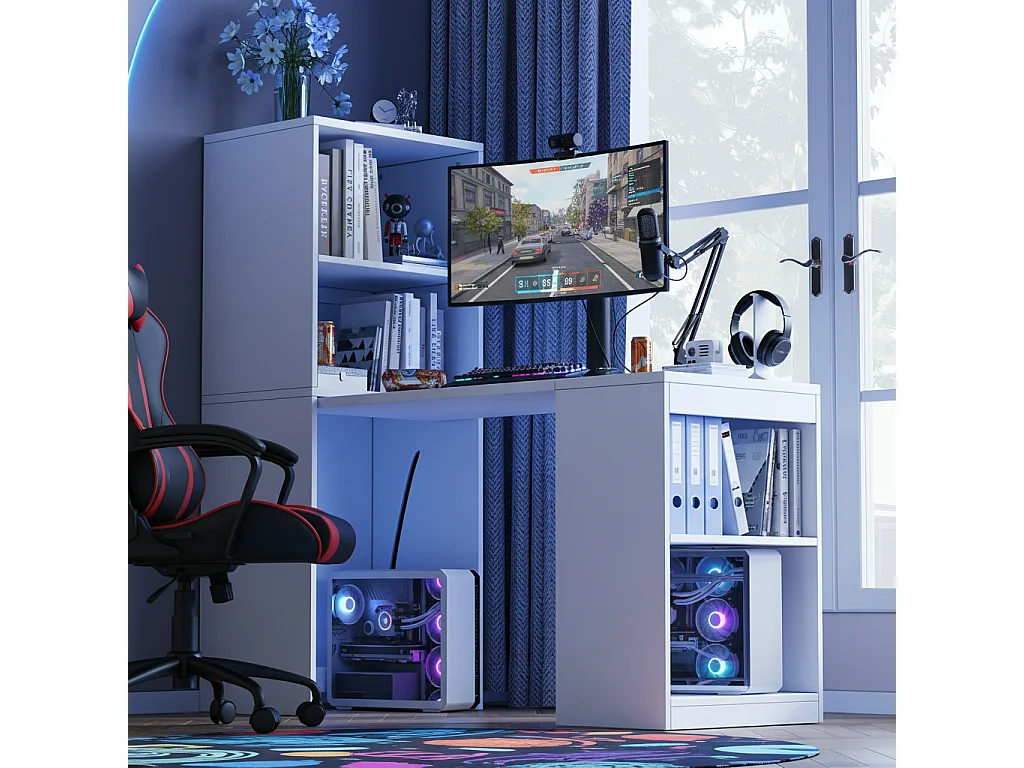 2-in-1 Klappschreibtisch und Schrank – 130 x 51 x 137 cm – mit 4 Ablagefächern – Spanplatte – Weiß