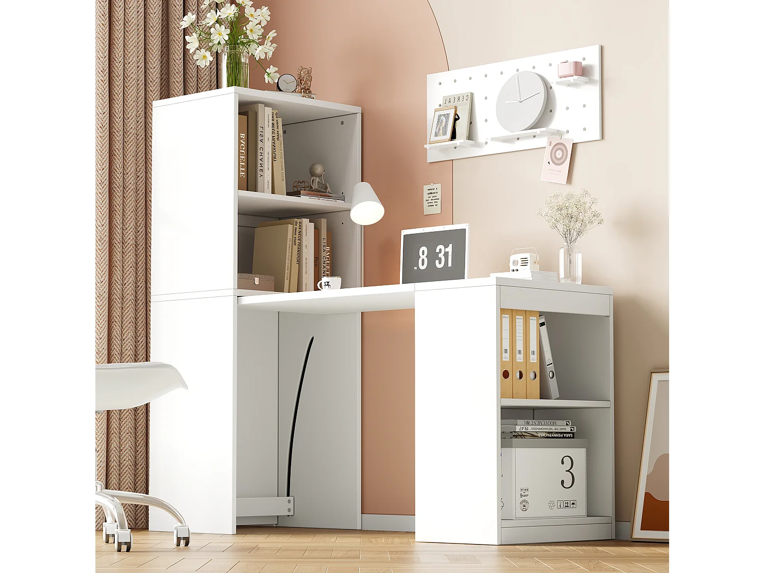 2-in-1 Klappschreibtisch und Schrank – 130 x 51 x 137 cm – mit 4 Ablagefächern – Spanplatte – Weiß