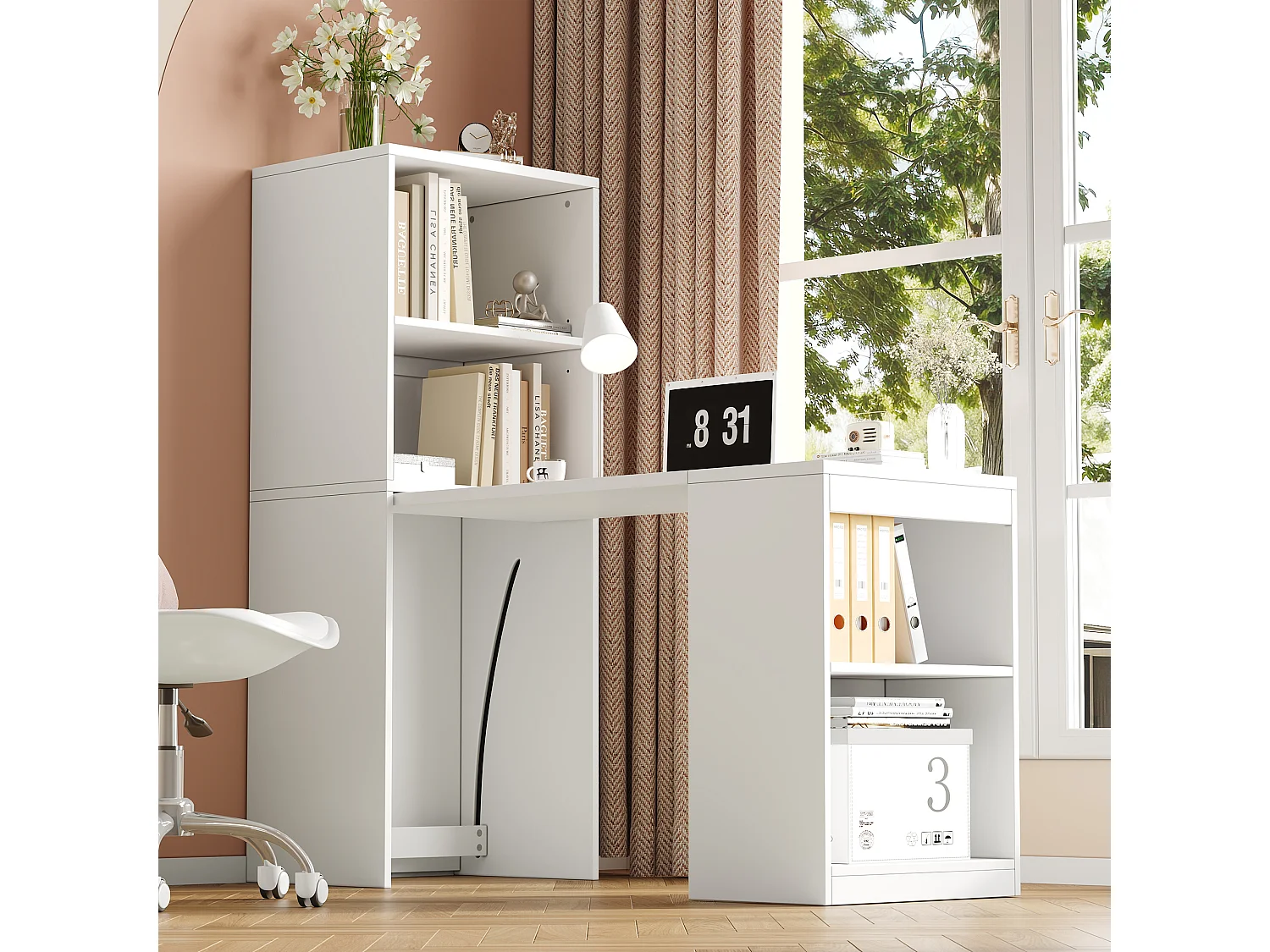 2-in-1 Klappschreibtisch und Schrank – 130 x 51 x 137 cm – mit 4 Ablagefächern – Spanplatte – Weiß