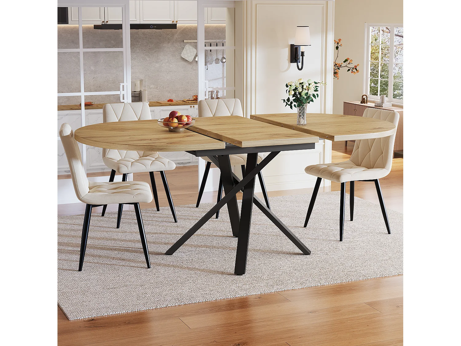 Ensemble table et chaises de salle à manger(5 pièces) - avec table extensible(110-140) + 4 chaises - structure en métal - naturel