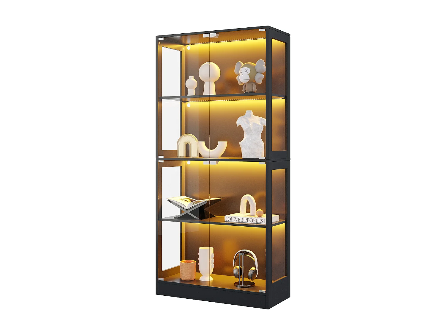 Moderne glazen vitrinekast - 80 x 35 x 170 cm - met 4 opbergplanken + LED-verlichting + deuren - MDF + glas - zwart