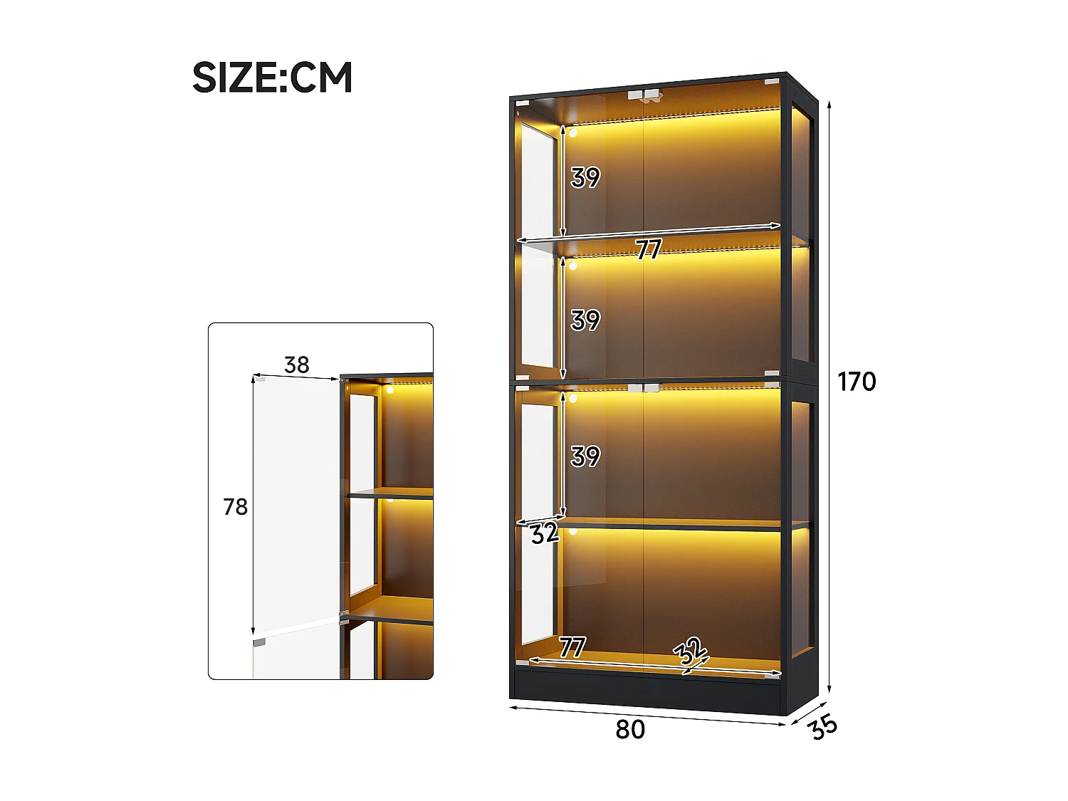 Moderne glazen vitrinekast - 80 x 35 x 170 cm - met 4 opbergplanken + LED-verlichting + deuren - MDF + glas - zwart