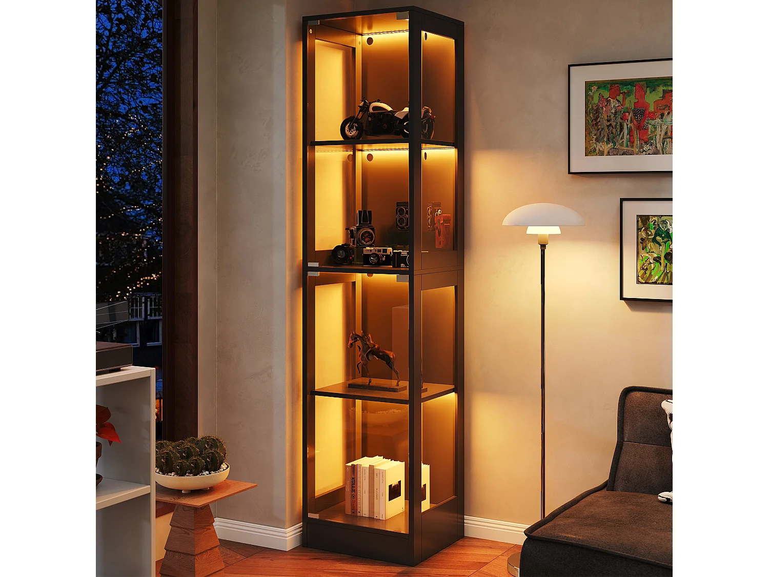 Moderne Glasvitrine – 40 x 35 x 170 cm – mit 4 Ablageflächen, LED-Beleuchtung und Tür – MDF und Glas – schwarz