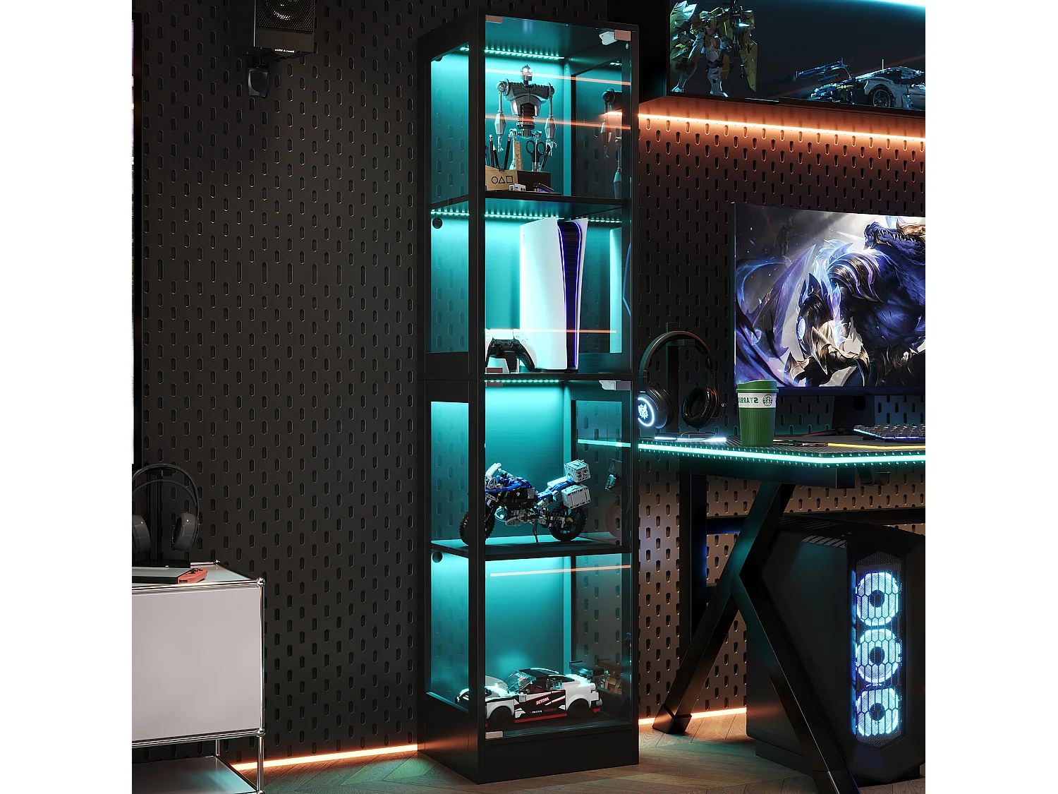 Moderne Glasvitrine – 40 x 35 x 170 cm – mit 4 Ablageflächen, LED-Beleuchtung und Tür – MDF und Glas – schwarz