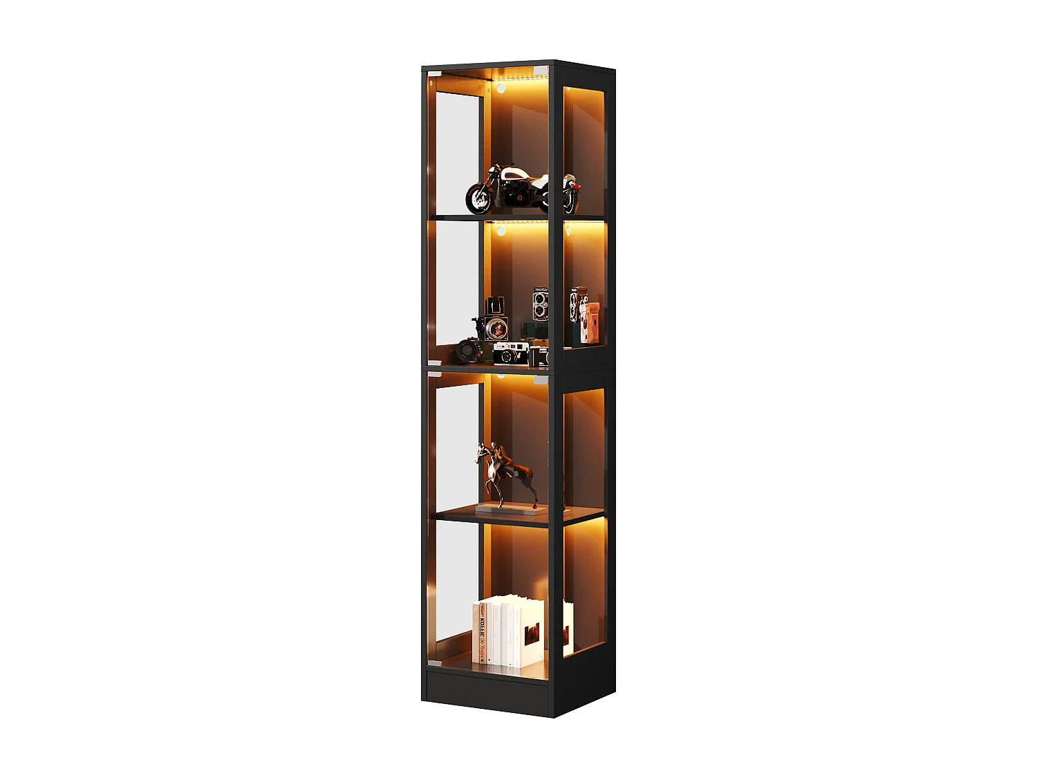 Moderne Glasvitrine – 40 x 35 x 170 cm – mit 4 Ablageflächen, LED-Beleuchtung und Tür – MDF und Glas – schwarz
