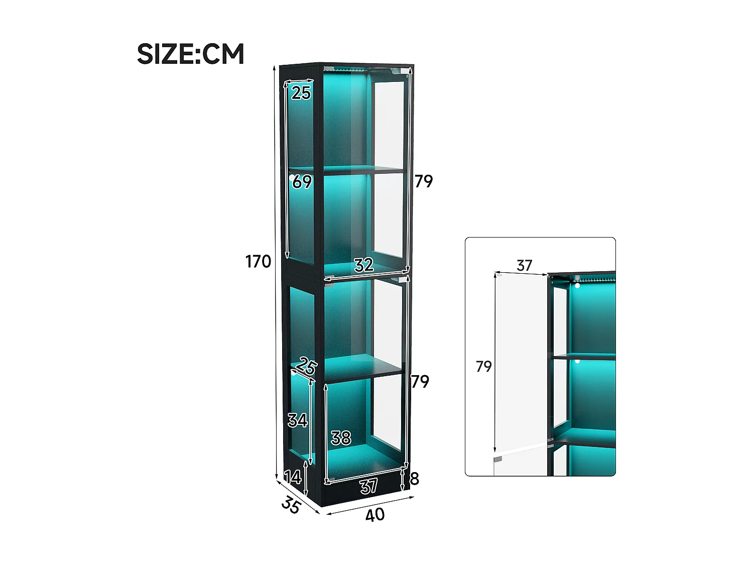 Moderne Glasvitrine – 40 x 35 x 170 cm – mit 4 Ablageflächen, LED-Beleuchtung und Tür – MDF und Glas – schwarz