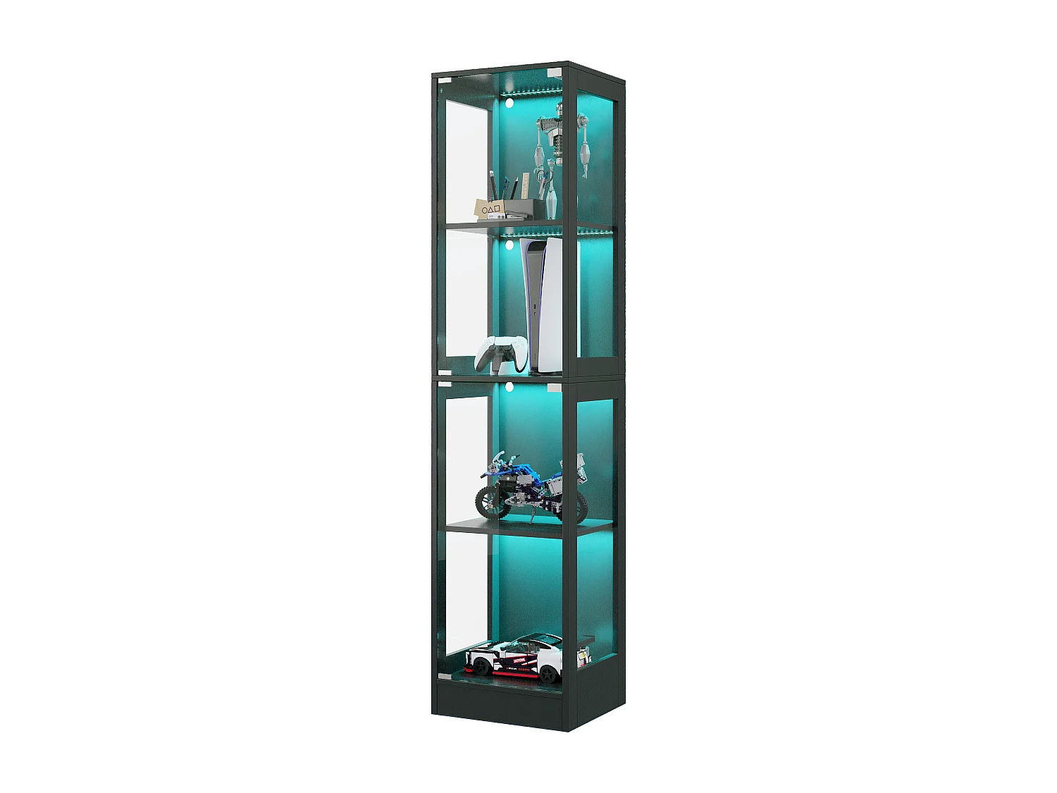 Moderne Glasvitrine – 40 x 35 x 170 cm – mit 4 Ablageflächen, LED-Beleuchtung und Tür – MDF und Glas – schwarz