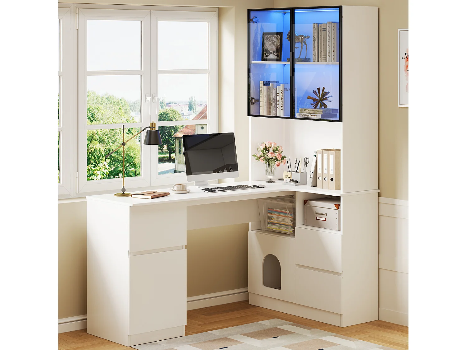 Escrivaninha de canto 120×80×180 cm - Con prateleiras e vitrine LED - 3 gavetas, 2 portas e prateleiras abertas - MDF - Branco