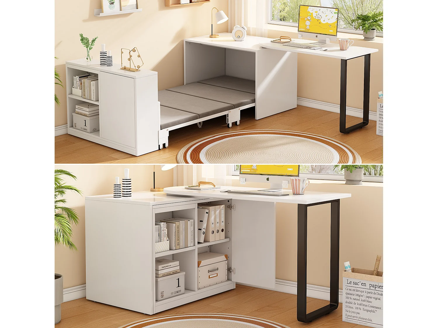 Mesa dobrável e cama 2 em 1 - 216 x 116 x 79 cm - com cama de 90 x 188 cm + 2 prateleiras de arrumação - metal + MDF - branca