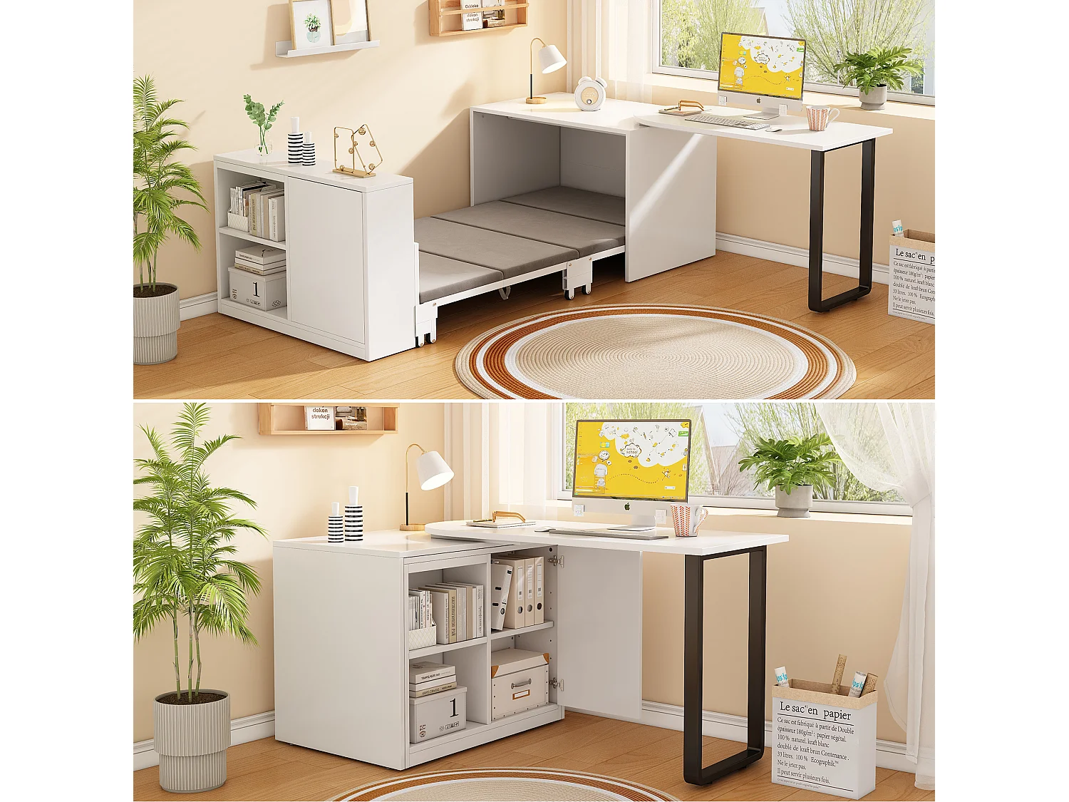 Mesa dobrável e cama 2 em 1 - 216 x 116 x 79 cm - com cama de 90 x 188 cm + 2 prateleiras de arrumação - metal + MDF - branca