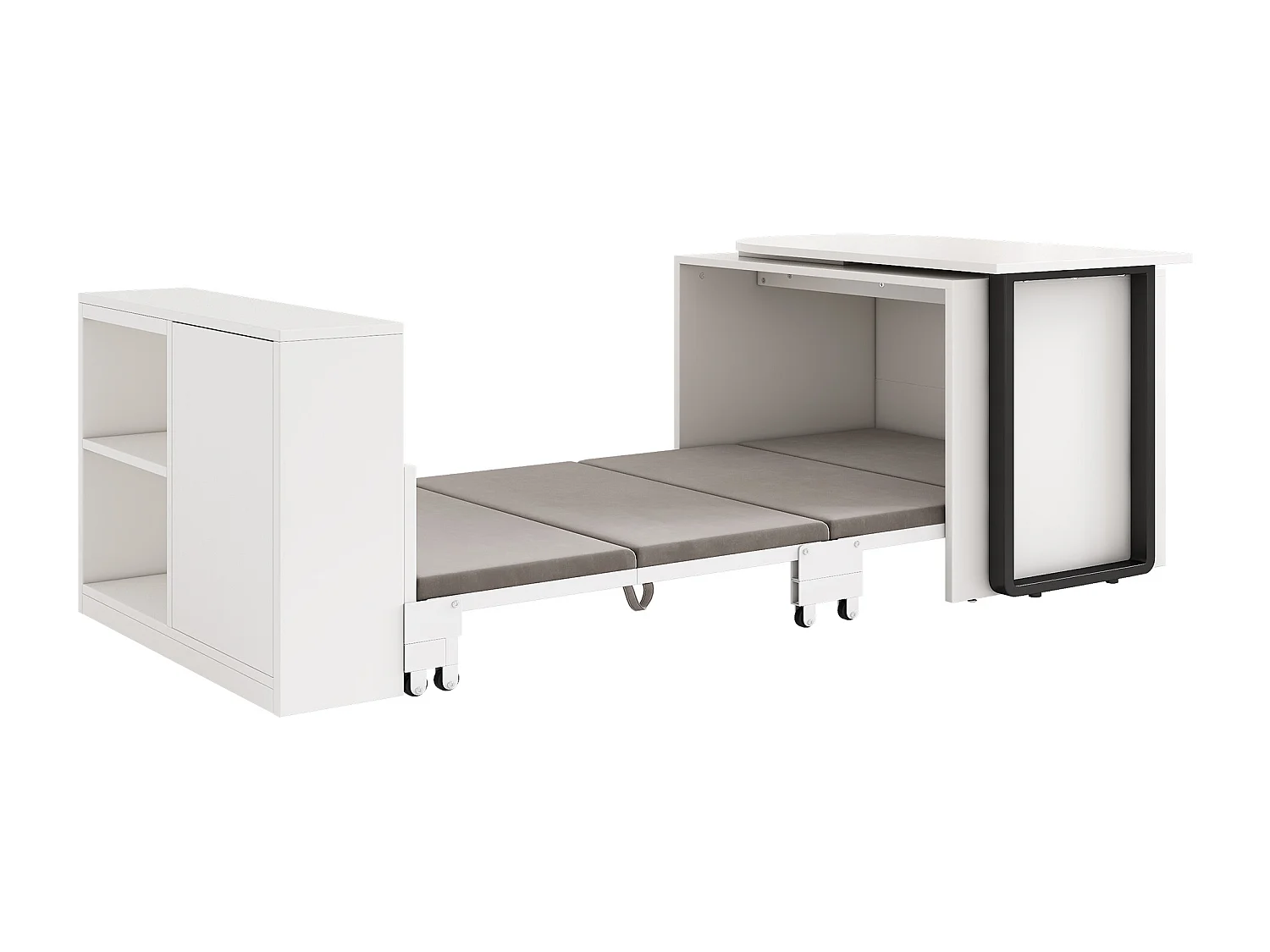 Mesa dobrável e cama 2 em 1 - 216 x 116 x 79 cm - com cama de 90 x 188 cm + 2 prateleiras de arrumação - metal + MDF - branca