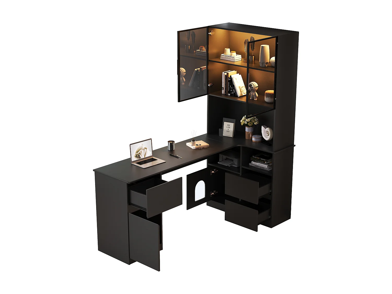 Escrivaninha de canto 120×80×180 cm - Con prateleiras e vitrine LED - 3 gavetas, 2 portas e prateleiras abertas - MDF - Preto