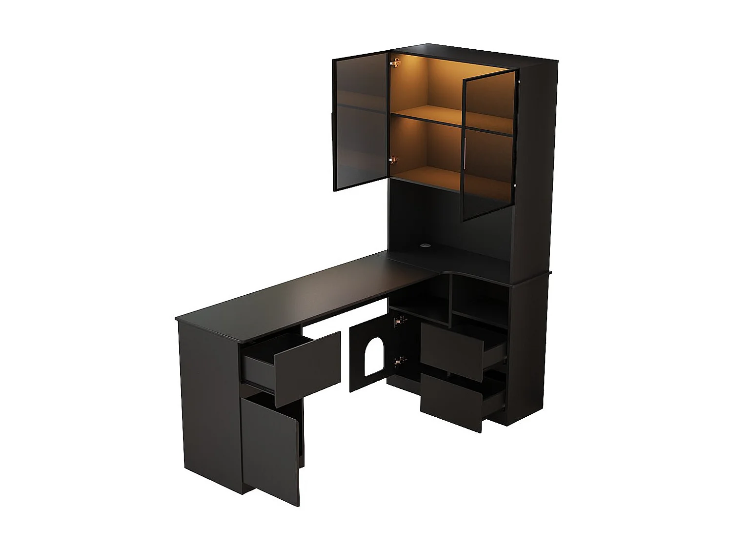 Escrivaninha de canto 120×80×180 cm - Con prateleiras e vitrine LED - 3 gavetas, 2 portas e prateleiras abertas - MDF - Preto