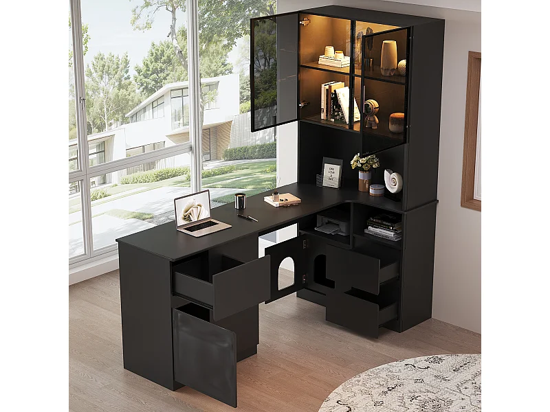 Escrivaninha de canto 120×80×180 cm - Con prateleiras e vitrine LED - 3 gavetas, 2 portas e prateleiras abertas - MDF - Preto