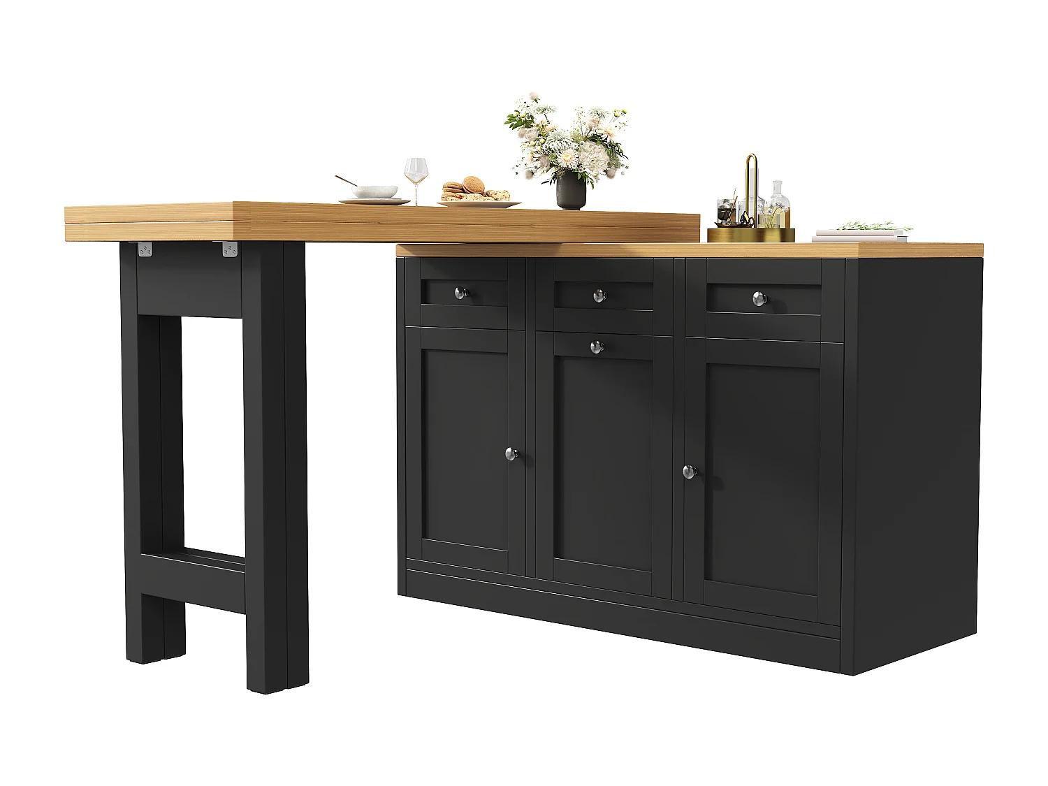 Mesa de bar extensível - 120-180 x 40 x 76 cm - com gaveta + prateleira + portas - MDF - preta