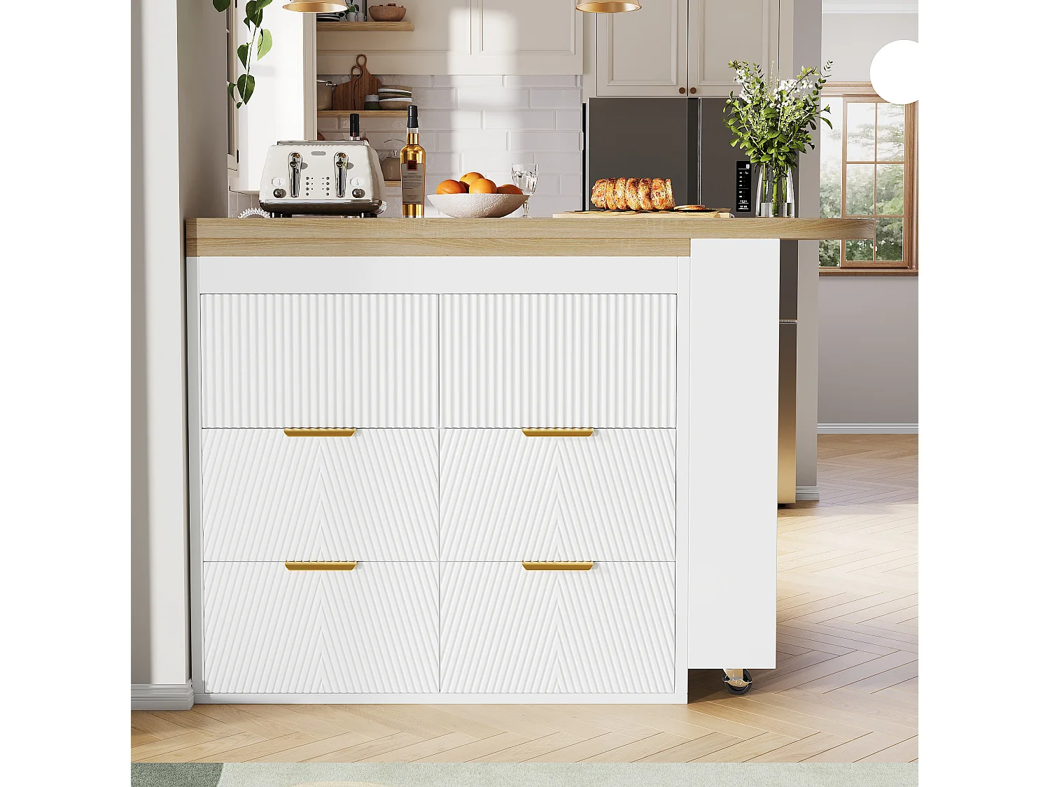 Ausziehbarer Bar-Schrank - drehbar - 128-203x39x90cm - mit 6 Schubladen - großer Stauraum und Metallgriffe - Weiß