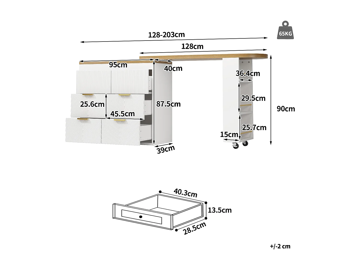 Ausziehbarer Bar-Schrank - drehbar - 128-203x39x90cm - mit 6 Schubladen - großer Stauraum und Metallgriffe - Weiß