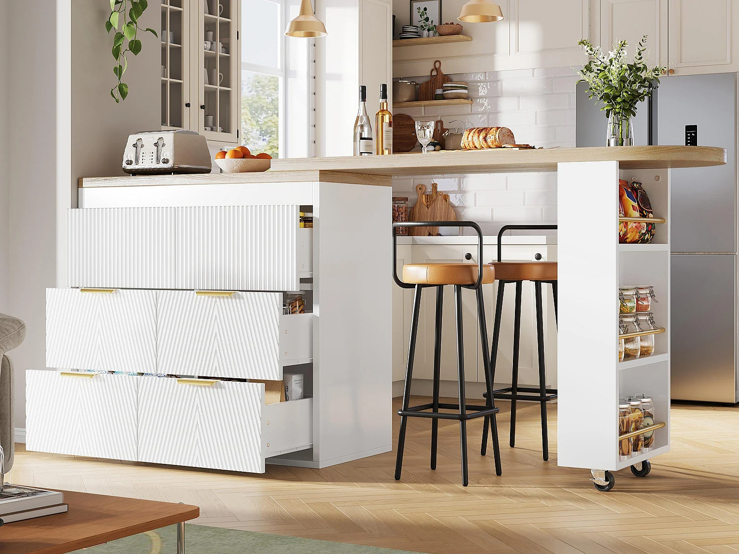 Ausziehbarer Bar-Schrank - drehbar - 128-203x39x90cm - mit 6 Schubladen - großer Stauraum und Metallgriffe - Weiß