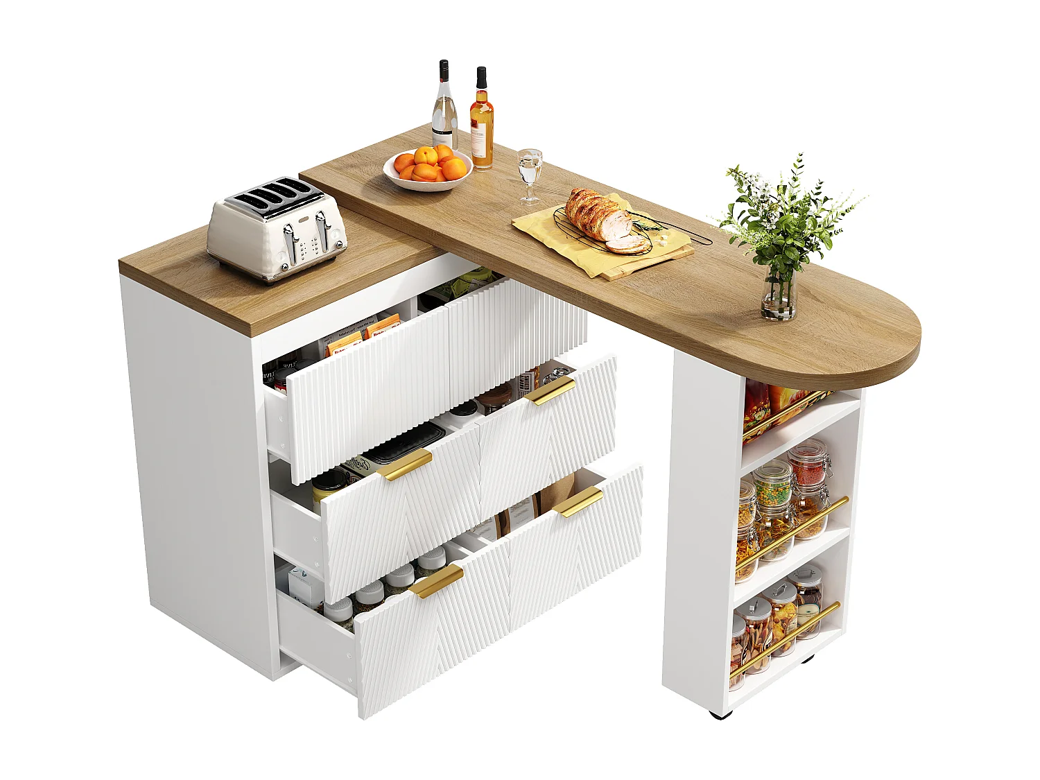 Ausziehbarer Bar-Schrank - drehbar - 128-203x39x90cm - mit 6 Schubladen - großer Stauraum und Metallgriffe - Weiß