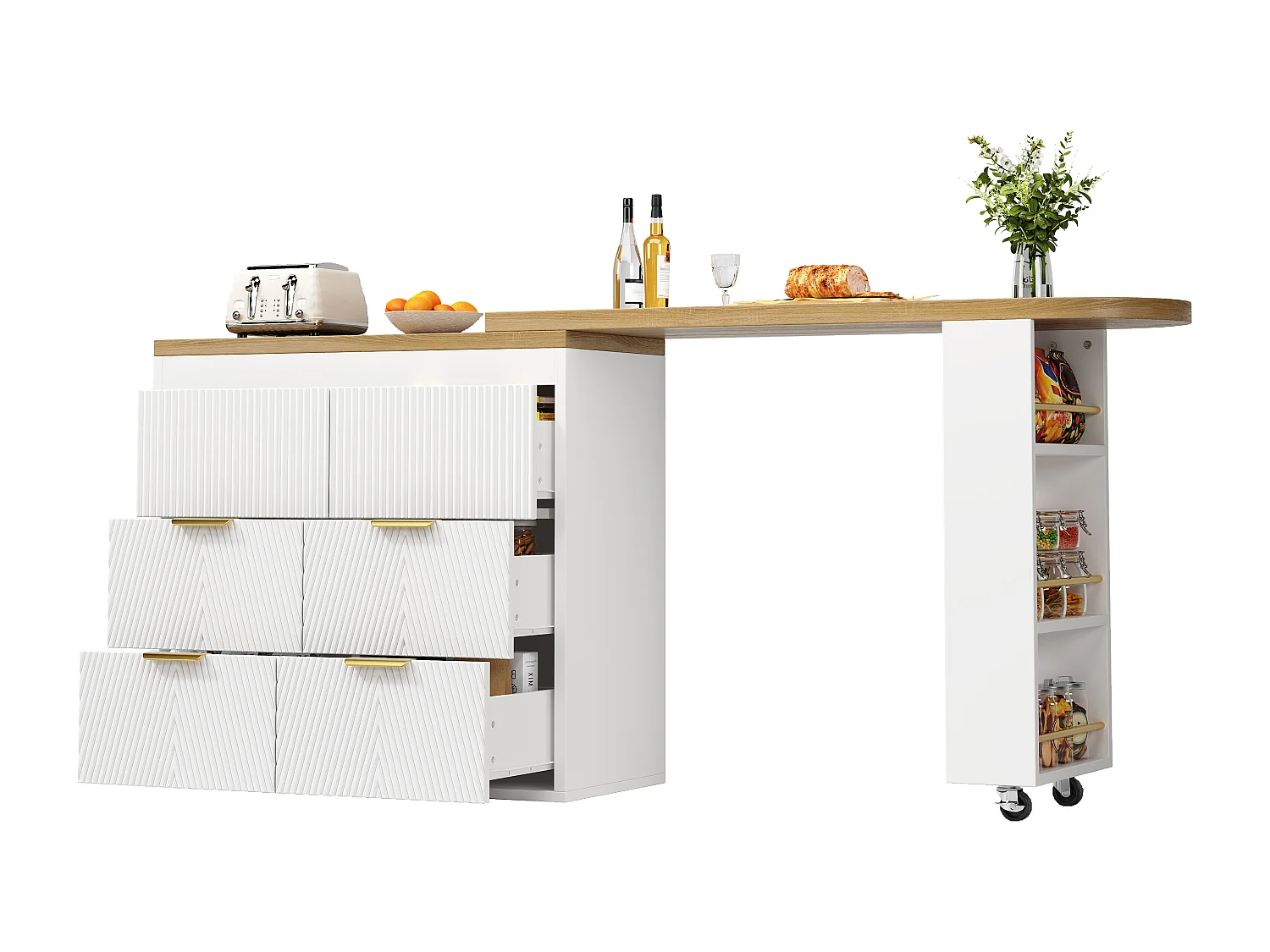 Ausziehbarer Bar-Schrank - drehbar - 128-203x39x90cm - mit 6 Schubladen - großer Stauraum und Metallgriffe - Weiß