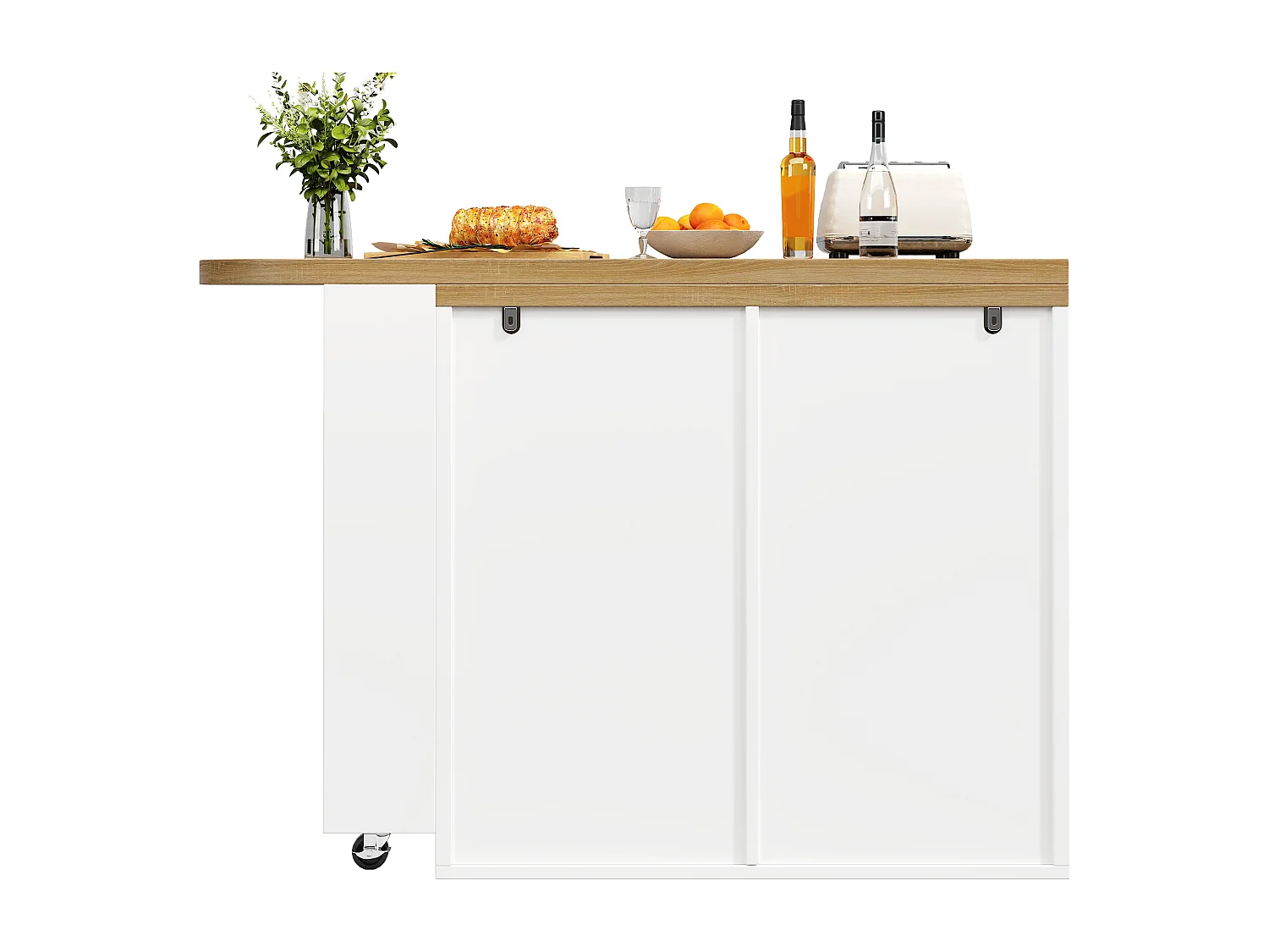 Ausziehbarer Bar-Schrank - drehbar - 128-203x39x90cm - mit 6 Schubladen - großer Stauraum und Metallgriffe - Weiß