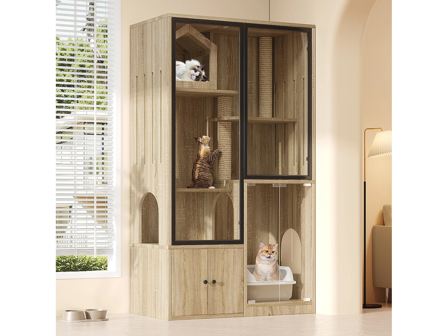 Grande maison pour chat 90x50x160cm - avec griffoir - 4 portes - naturel clair（sans bac à litière）