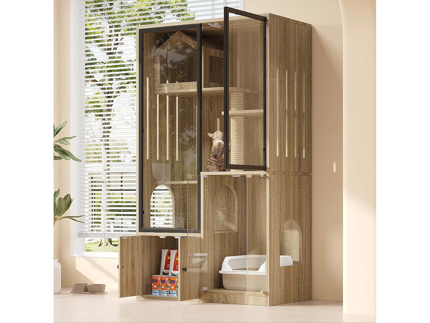 Grande maison pour chat 90x50x160cm - avec griffoir - 4 portes - naturel clair（sans bac à litière）