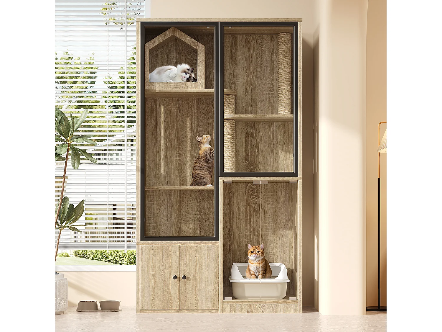 Grande maison pour chat 90x50x160cm - avec griffoir - 4 portes - naturel clair（sans bac à litière）