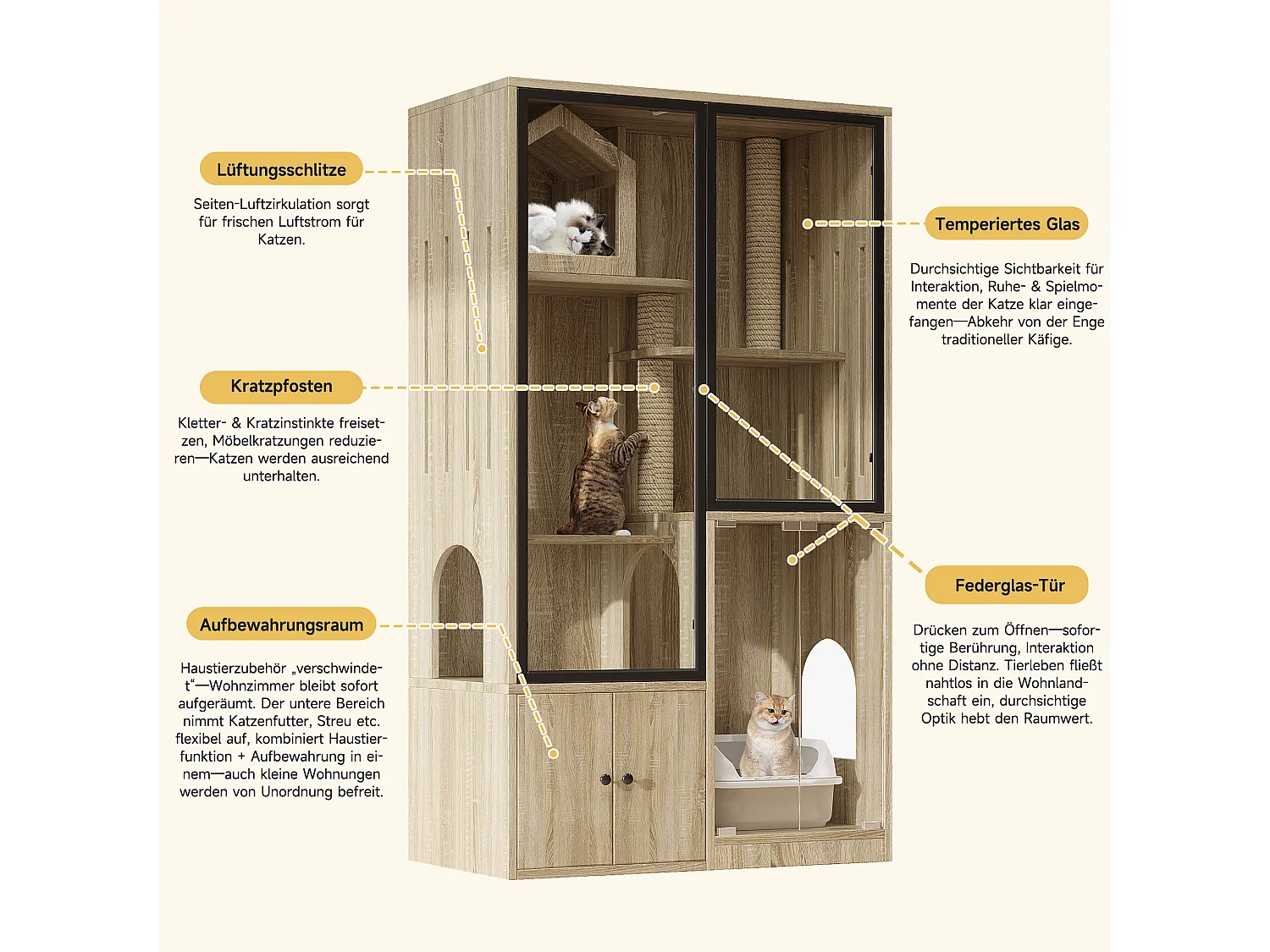 Grande maison pour chat 90x50x160cm - avec griffoir - 4 portes - naturel clair（sans bac à litière）