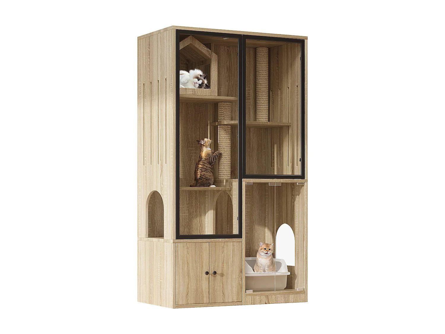 Grande maison pour chat 90x50x160cm - avec griffoir - 4 portes - naturel clair（sans bac à litière）