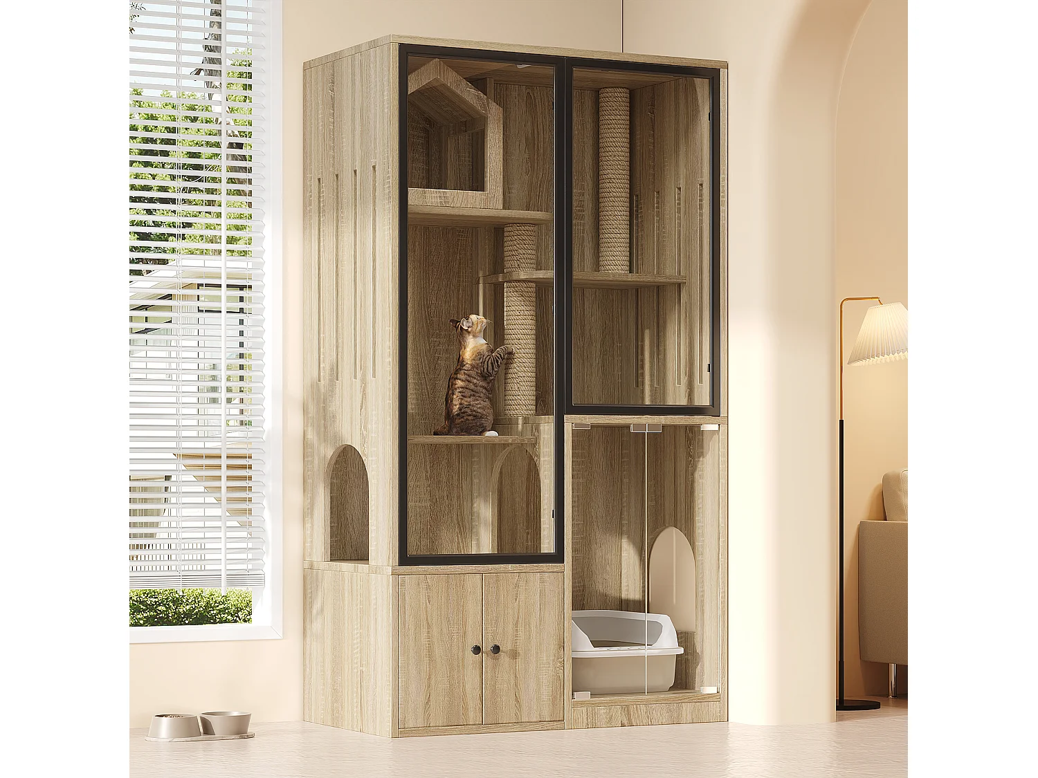 Grande maison pour chat 90x50x160cm - avec griffoir - 4 portes - naturel clair（sans bac à litière）