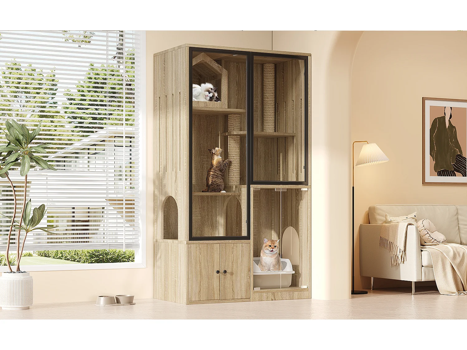 Grande maison pour chat 90x50x160cm - avec griffoir - 4 portes - naturel clair（sans bac à litière）