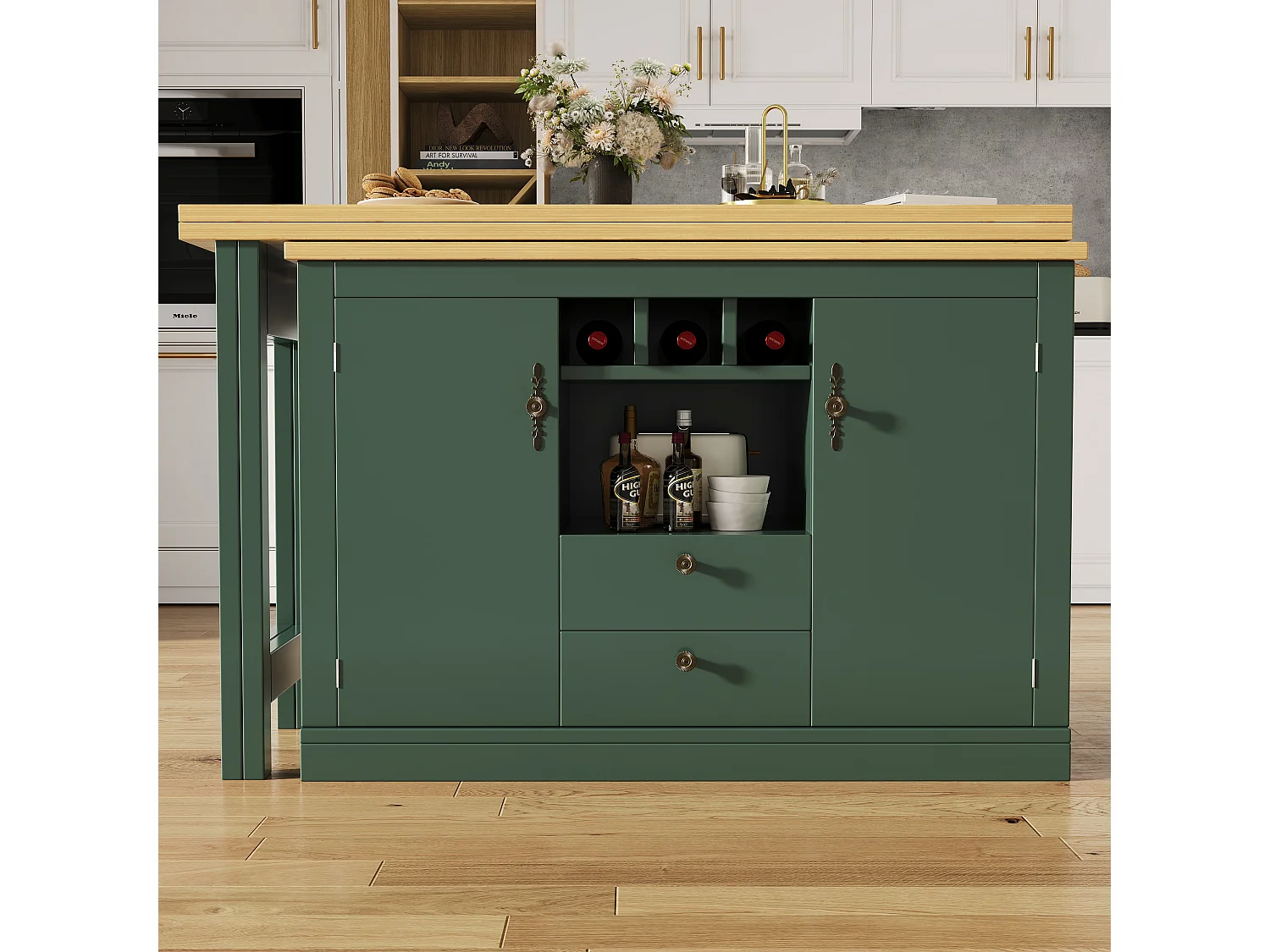 Ausziehbarer Küchen-Bar-Schrank - und 360° Drehung - großer Tisch - 180x79,5x71,5cm - 2 Schubladen und 2 Türen - 3 Weinfächer - Grün