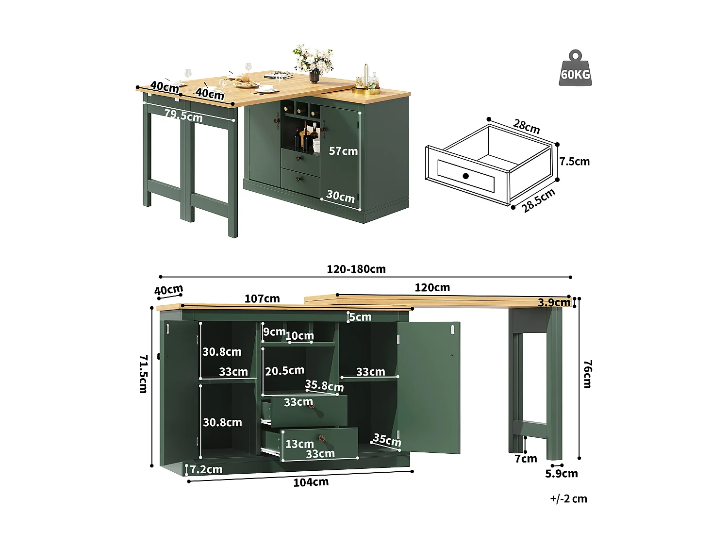 Ausziehbarer Küchen-Bar-Schrank - und 360° Drehung - großer Tisch - 180x79,5x71,5cm - 2 Schubladen und 2 Türen - 3 Weinfächer - Grün