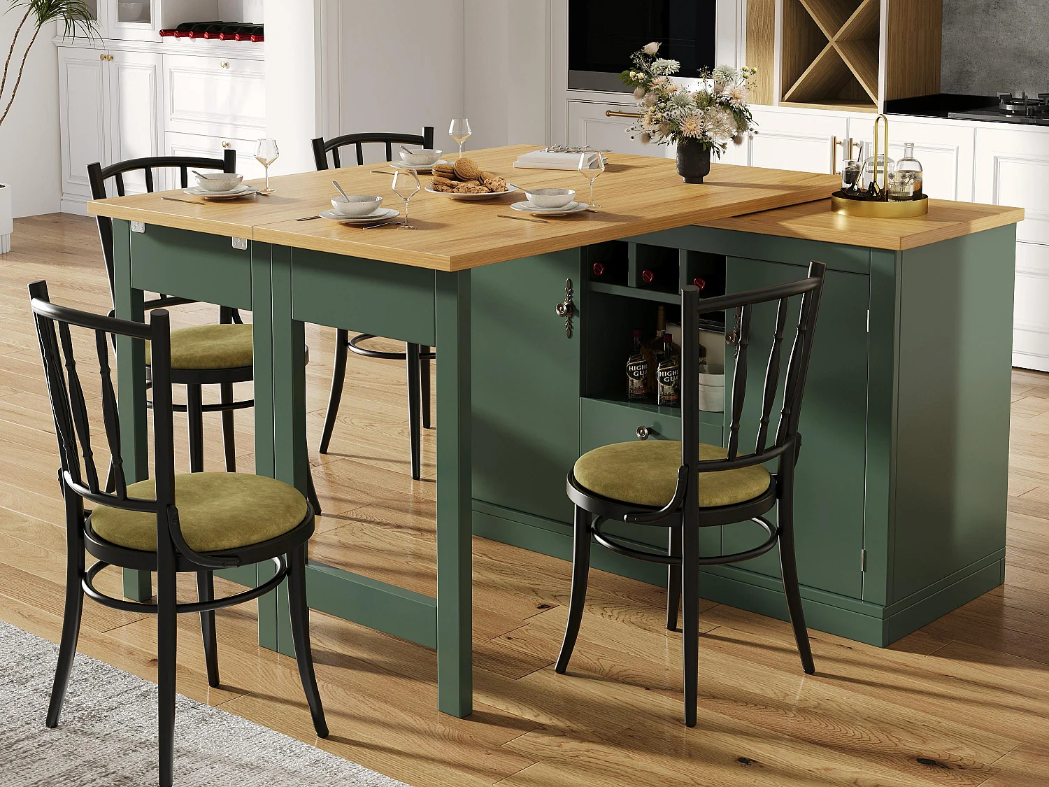 Ausziehbarer Küchen-Bar-Schrank - und 360° Drehung - großer Tisch - 180x79,5x71,5cm - 2 Schubladen und 2 Türen - 3 Weinfächer - Grün