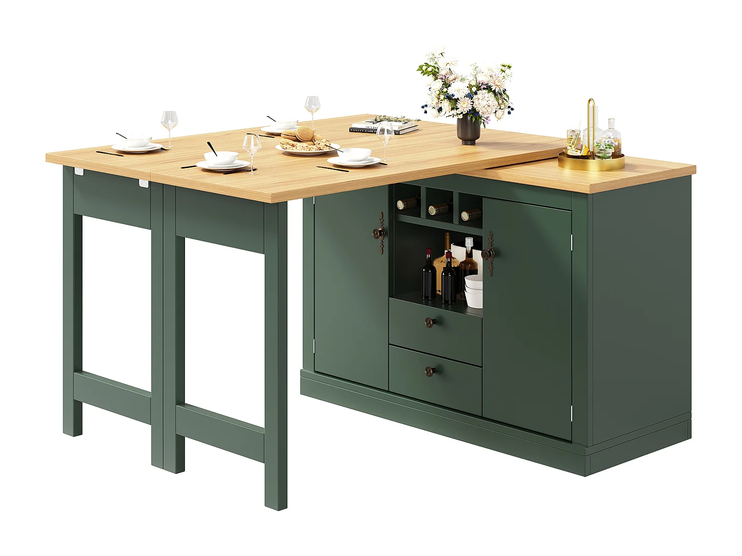 Ausziehbarer Küchen-Bar-Schrank - und 360° Drehung - großer Tisch - 180x79,5x71,5cm - 2 Schubladen und 2 Türen - 3 Weinfächer - Grün