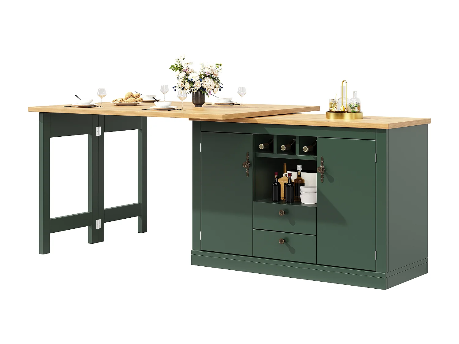 Ausziehbarer Küchen-Bar-Schrank - und 360° Drehung - großer Tisch - 180x79,5x71,5cm - 2 Schubladen und 2 Türen - 3 Weinfächer - Grün