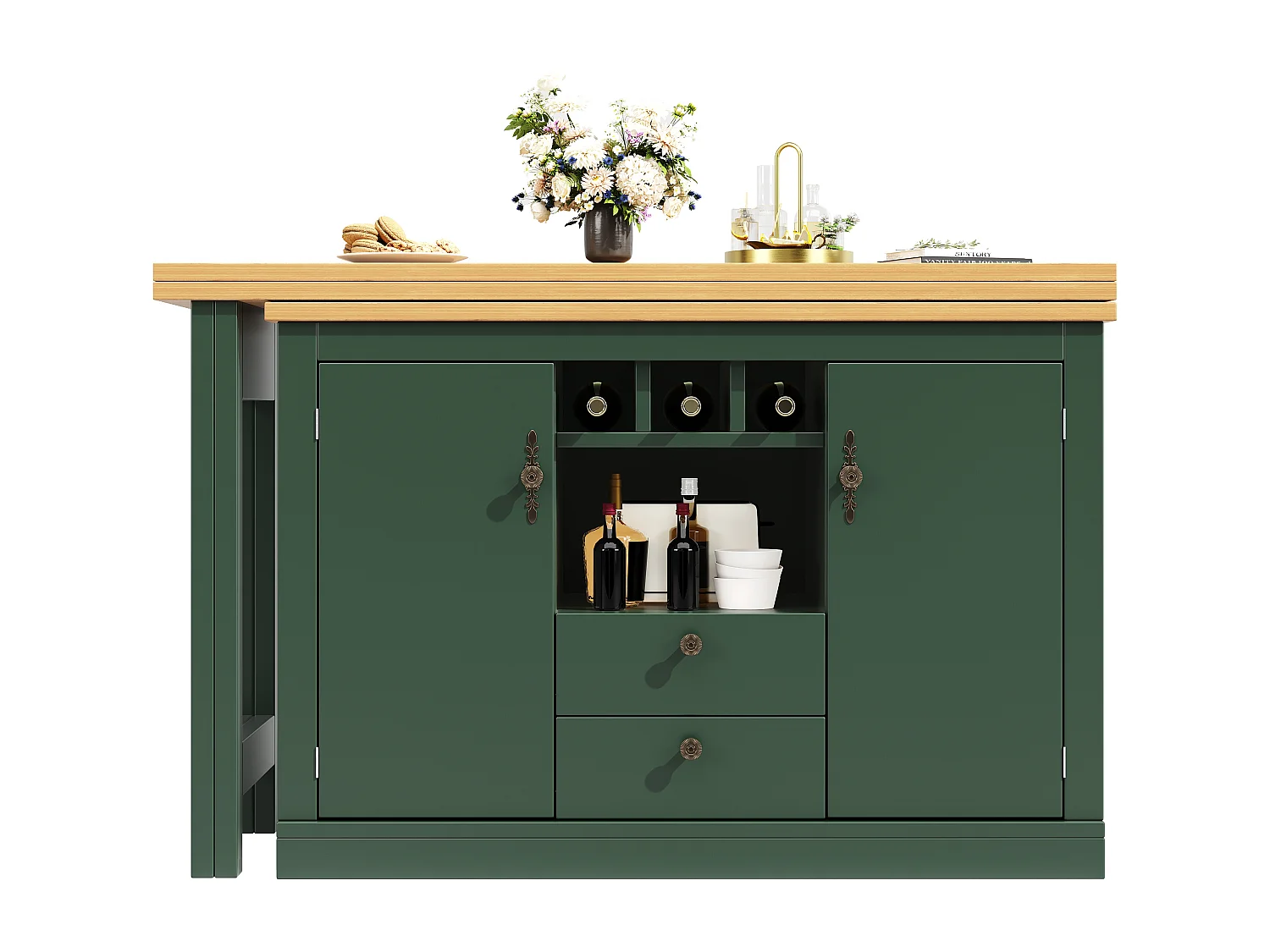 Ausziehbarer Küchen-Bar-Schrank - und 360° Drehung - großer Tisch - 180x79,5x71,5cm - 2 Schubladen und 2 Türen - 3 Weinfächer - Grün