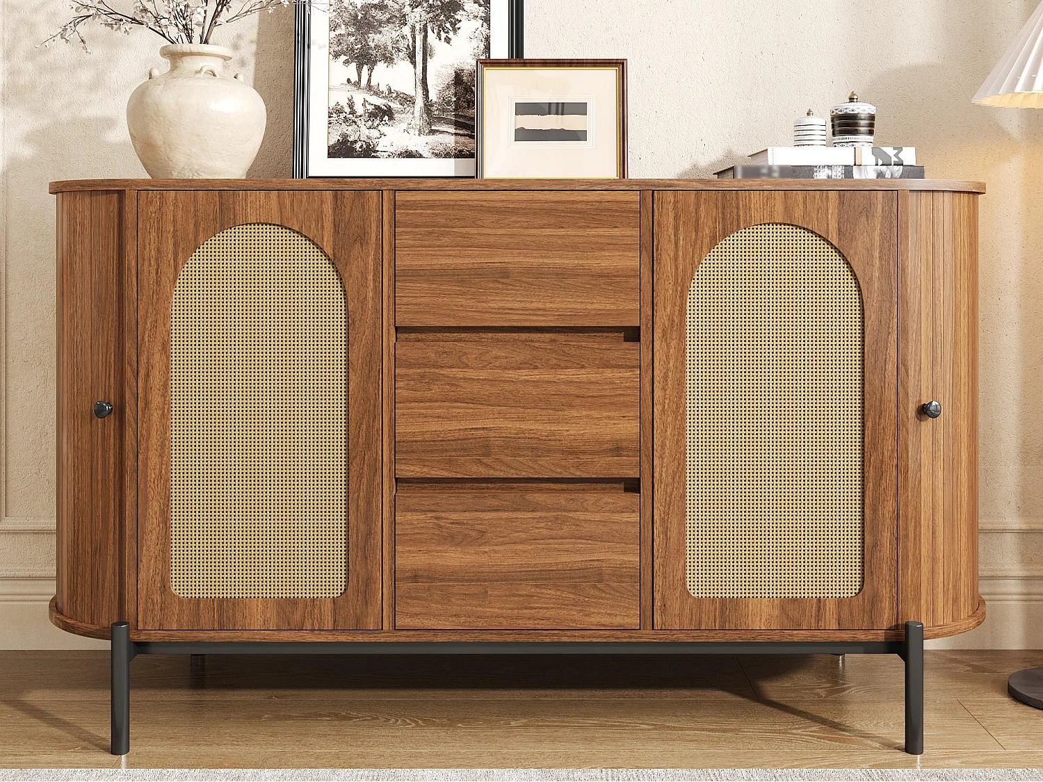 Buffet ovale en rotin 140x38x77.5cm - 4 portes et 3 tiroirs - Finition imitation bois - Pieds en métal - MDF - Marron