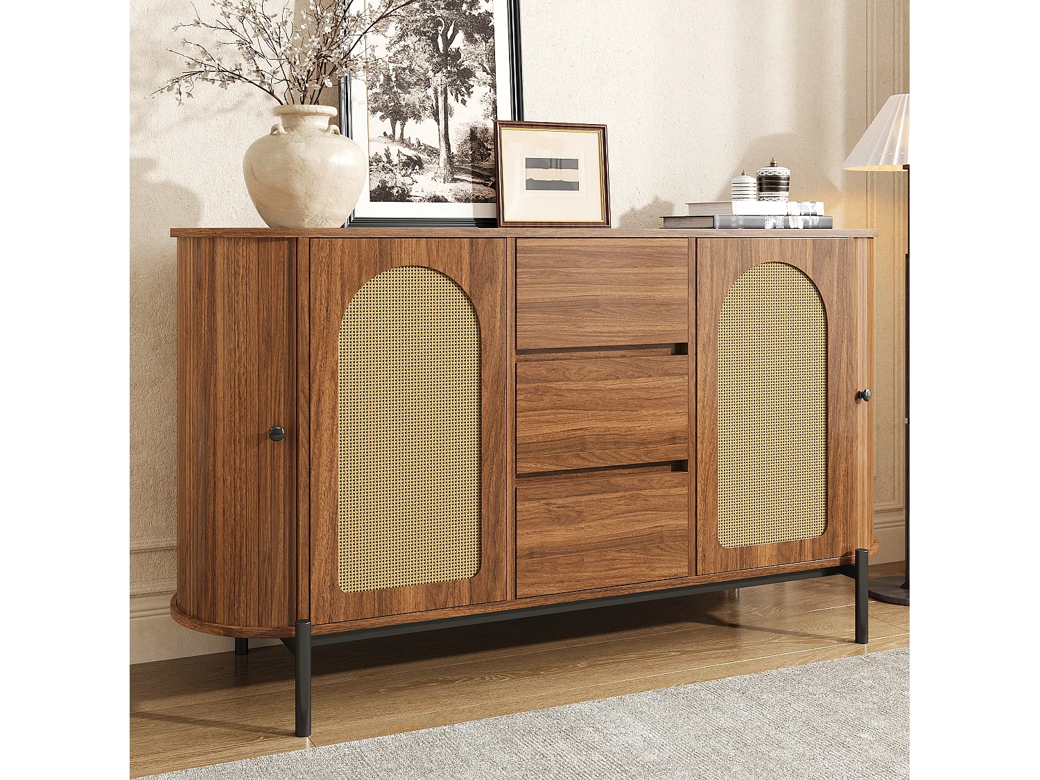 Buffet ovale en rotin 140x38x77.5cm - 4 portes et 3 tiroirs - Finition imitation bois - Pieds en métal - MDF - Marron