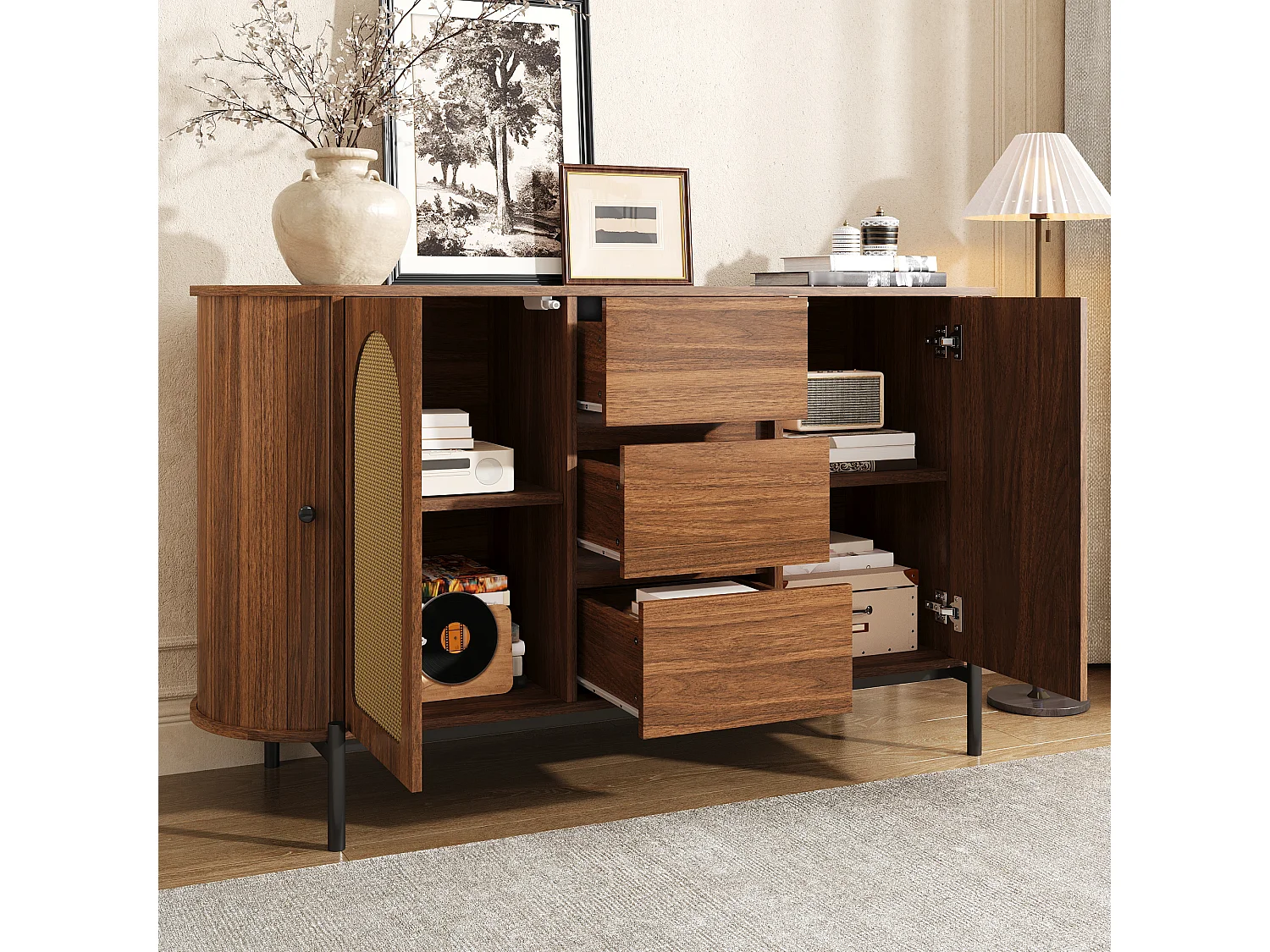 Buffet ovale en rotin 140x38x77.5cm - 4 portes et 3 tiroirs - Finition imitation bois - Pieds en métal - MDF - Marron